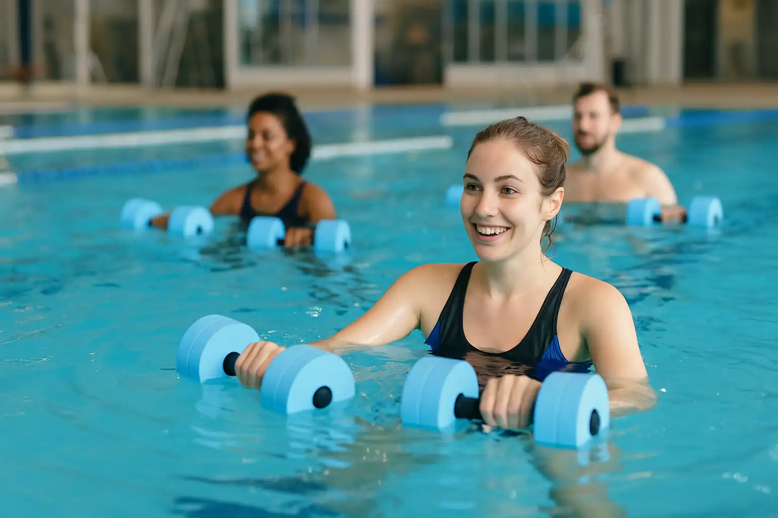 Séance d’aquafitness dans une piscine avec accessoires flottants