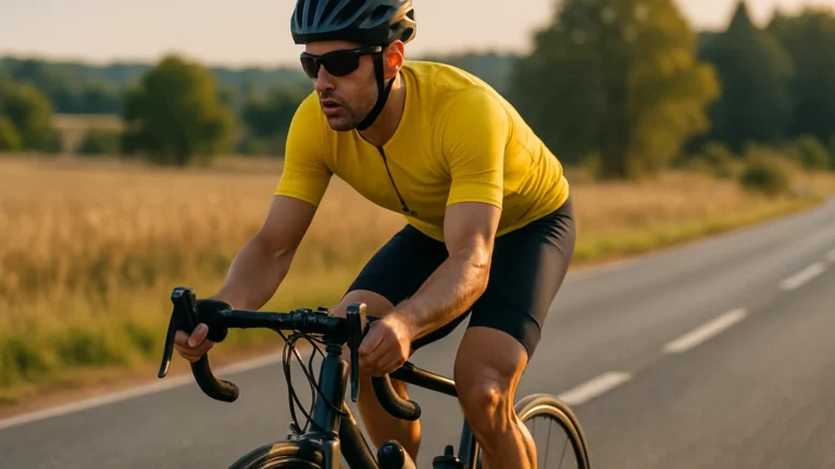 Cycliste sur route au coucher de soleil, allure modérée — 1h de vélo par jour : calories brûlées et résultats réalistes