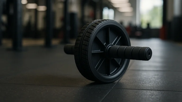 Roue abdominale posée sur sol de salle de sport, image réaliste 1024×576 illustrant l’appareil abdos le plus efficace