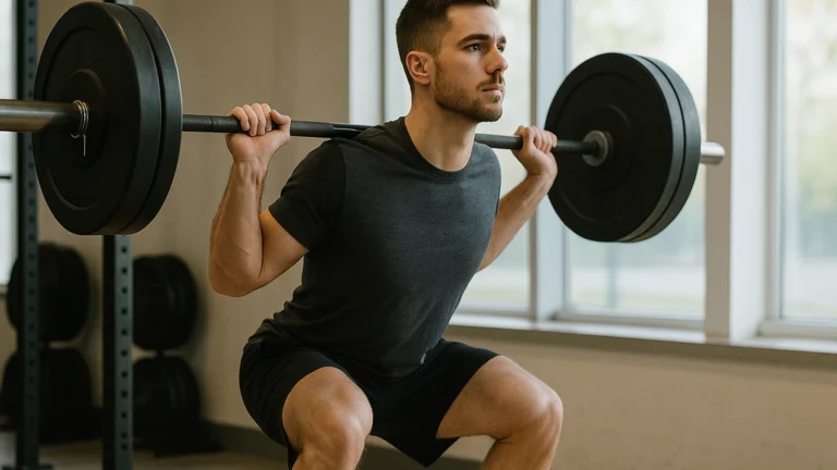 Athlète exécutant un back squat barre sur trapèzes, posture neutre et salle lumineuse au second plan.