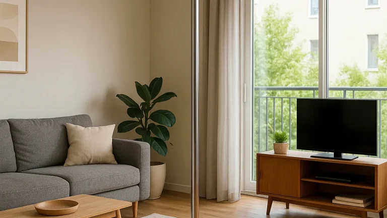 Barre de pole dance sans perçage installée en appartement, système à pression sol-plafond avec pads antidérapants, vue horizontale lumineuse