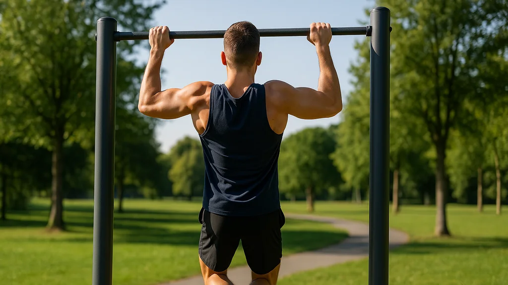 Athlète réalisant des tractions sur barre extérieure dans un parc ensoleillé — visuel pour guide d’achat, installation et exercices de street-workout.