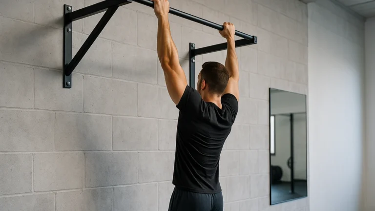 Barre de traction murale fixée sur mur porteur, distance mur ~90 cm, athlète suspendu bras tendus — choix et installation sécurisée
