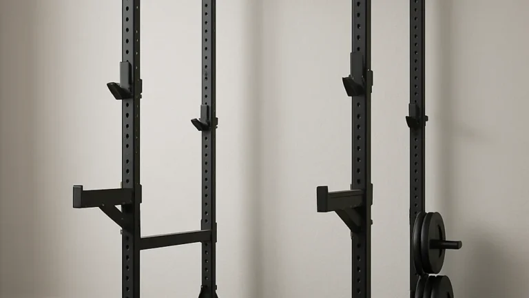 Cage à squat robuste en acier avec J-hooks et barres de sécurité, home gym minimaliste, lumière naturelle