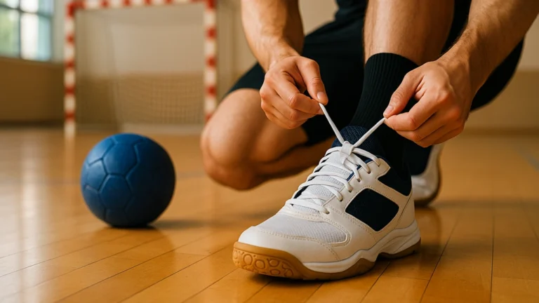 Gros plan d’une chaussure de handball non-marquante lacée sur parquet, avec ballon et but flous à l’arrière-plan.