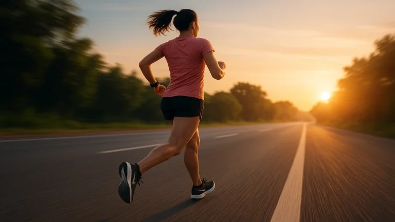 Progresser en running : coureuse sur route au lever du soleil, image réaliste 1024×576 symbolisant endurance et amélioration de l’allure