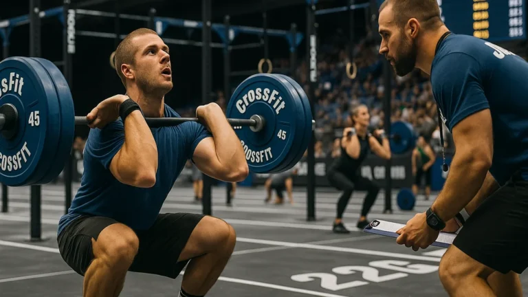 Athlète en pleine compétition CrossFit 2025, front squat sous l’œil d’un juge, rig et scoreboard en arrière-plan, ambiance de WOD officiel