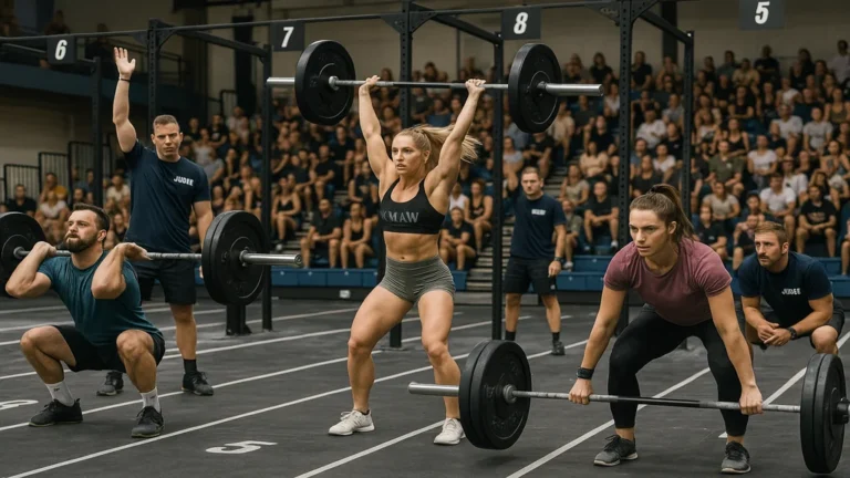 Compétition CrossFit en salle : athlètes en pleine épreuve avec lanes, juges et public, ambiance live, format RX/Scaled
