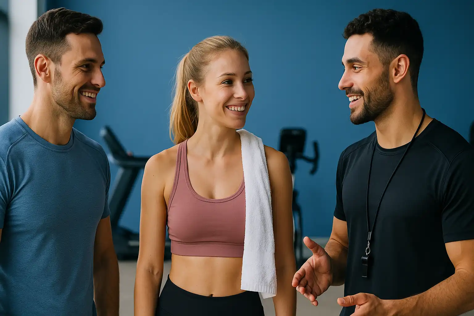 Trois sportifs souriants discutent dans une salle de sport moderne sur fond bleu, ambiance dynamique et conviviale
