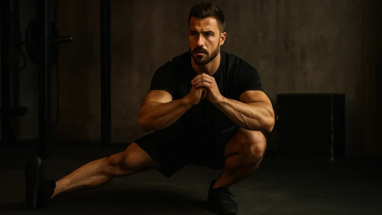 Cossack squat (squat cosaque) en position basse : jambe d’appui fléchie, jambe opposée tendue, travail force et mobilité des hanches/adducteurs.