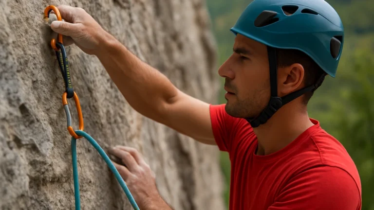 Grimpeur en falaise clipant la corde dans une dégaine, illustrant la cotation escalade en voie.