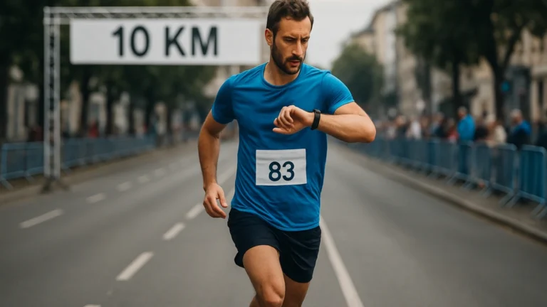 Coureur en course de 10 km regardant sa montre pour contrôler son allure, rue urbaine en arrière-plan.