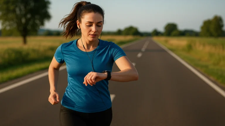 Course 10 km : coureuse vérifiant son allure sur montre, route dégagée au coucher du soleil, image réaliste 1024×576 pour plan 10 km en 1h