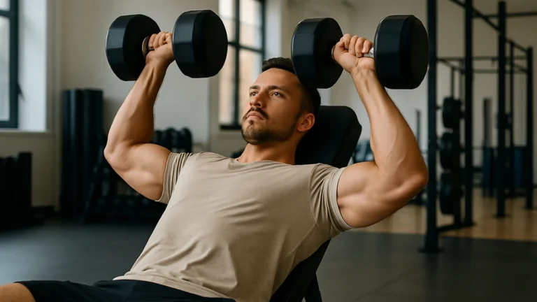 Athlète réalisant un développé incliné haltère sur banc à faible inclinaison, mouvement contrôlé en salle lumineuse.