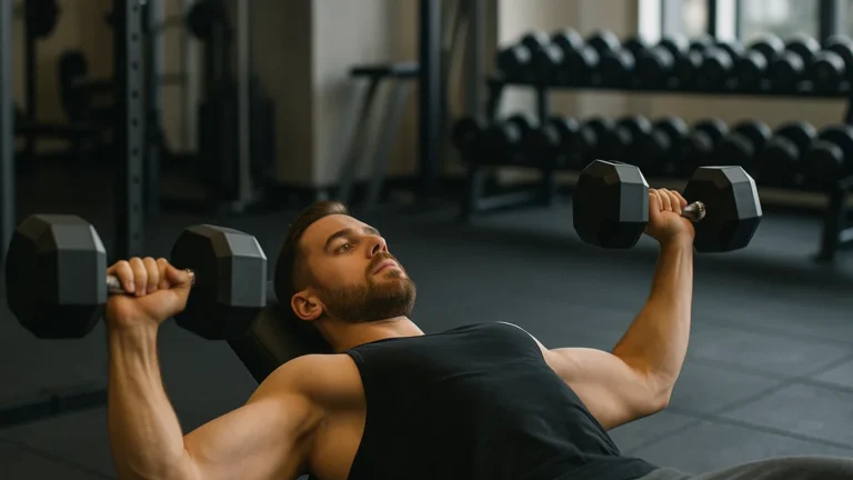 Écarté haltères : exécution parfaite sur banc, coudes fléchis 10–20°, trajectoire en arc, omoplates serrées