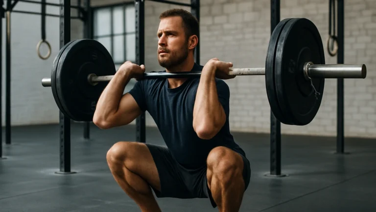 EMOM CrossFit — athlète en front squat au top de la minute, cadence travail/repos structurée pour force et conditioning.