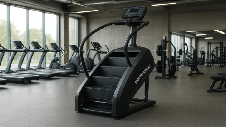 StairMaster en salle de sport moderne, image réaliste 1024×576 pour illustrer la machine escalier cardio et fessiers