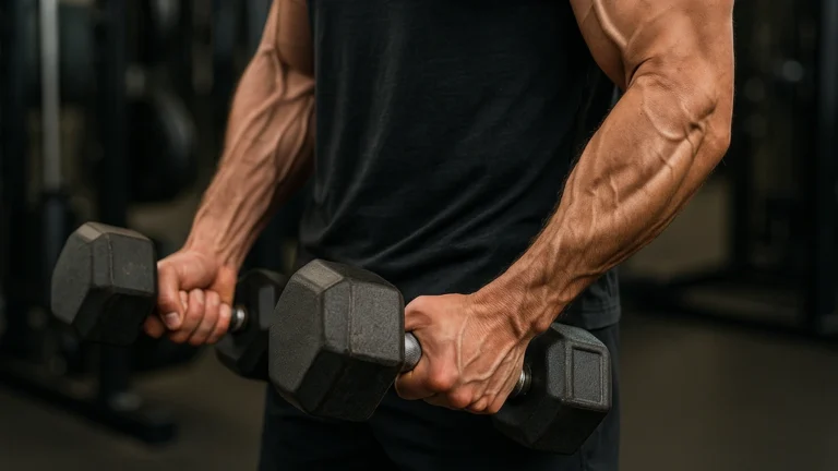 Avant-bras avec haltères en prise neutre : travail du brachioradial, des fléchisseurs et extenseurs pour poigne et épaisseur musculaire.