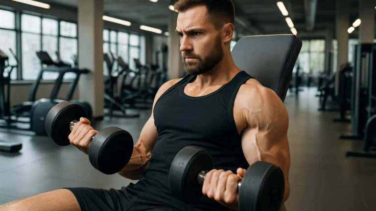Athlète réalisant un curl incliné aux haltères, biceps contractés, sujet net au centre dans une salle lumineuse.
