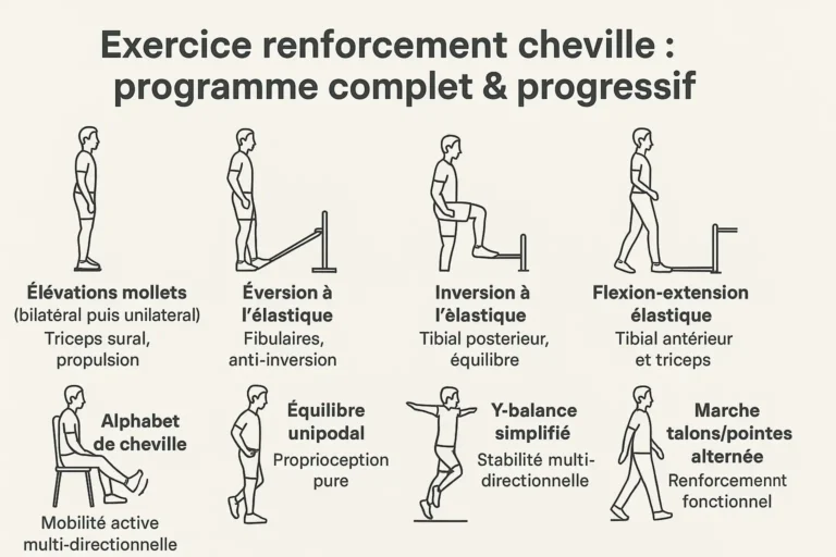 Infographie montrant huit exercices de renforcement de la cheville pour améliorer stabilité, proprioception et prévention des entorses.