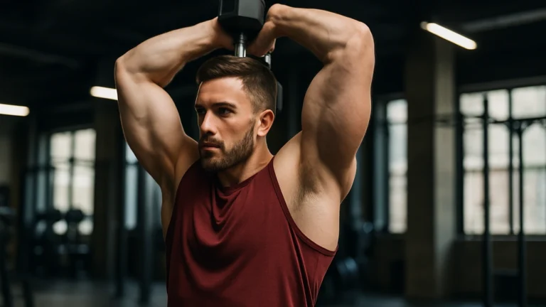 Athlète réalisant une overhead extension aux haltères pour les triceps, sujet net en salle lumineuse.