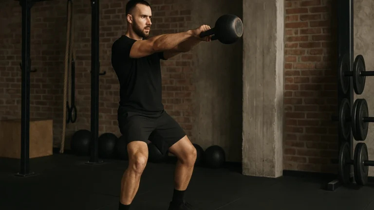 Athlète effectuant un kettlebell swing en charnière de hanches, bras détendus, dans une salle de sport au style industriel