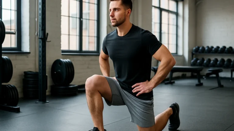 Athlète réalisant une fente arrière, genou avant stable, buste vertical, lumière naturelle en salle.