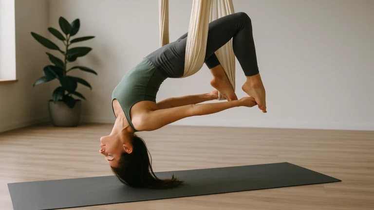 Flying yoga sans texte : posture inversée dans un hamac de yoga aérien, studio lumineux, décompression du dos et gainage.