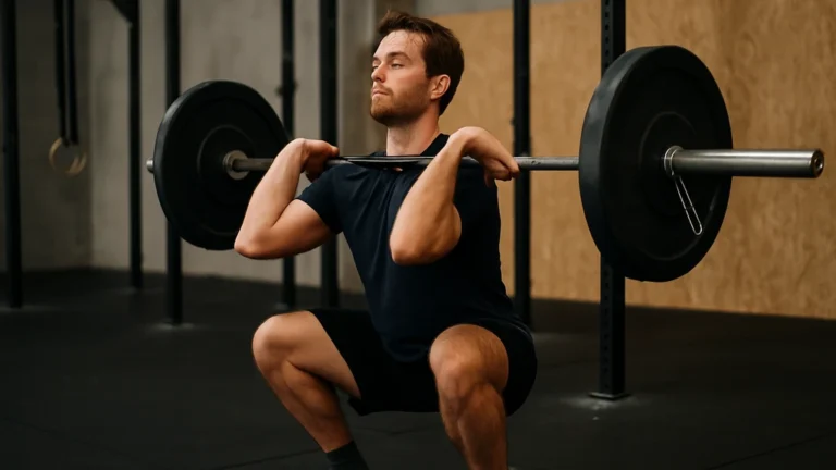 Athlète de CrossFit effectuant un thruster barre en front rack dans une box, rig de tractions en arrière-plan — WOD Fran