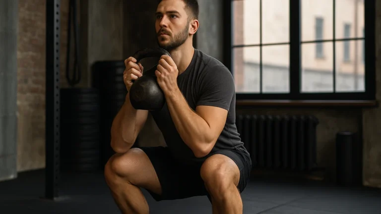 Athlète réalisant un goblet squat, kettlebell tenue contre le sternum, torse vertical et hanches sous la ligne des genoux.