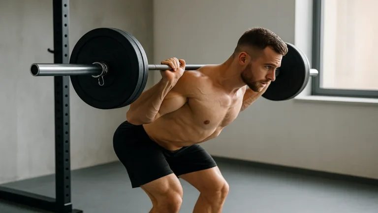 Athlète réalisant un Good Morning musculation : charnière de hanche contrôlée, barre sur trapèzes, dos neutre, accent chaîne postérieure