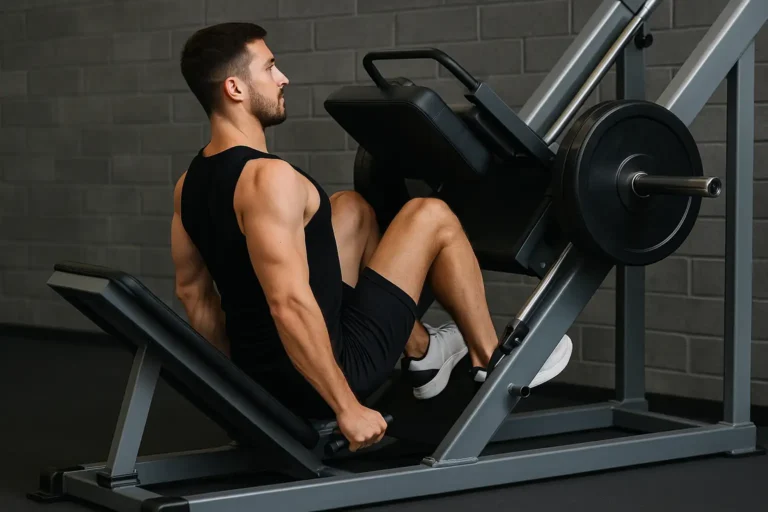 Athlète masculin réalisant un hack-squat sur machine, ciblant quadriceps et fessiers avec un placement technique précis des pieds.