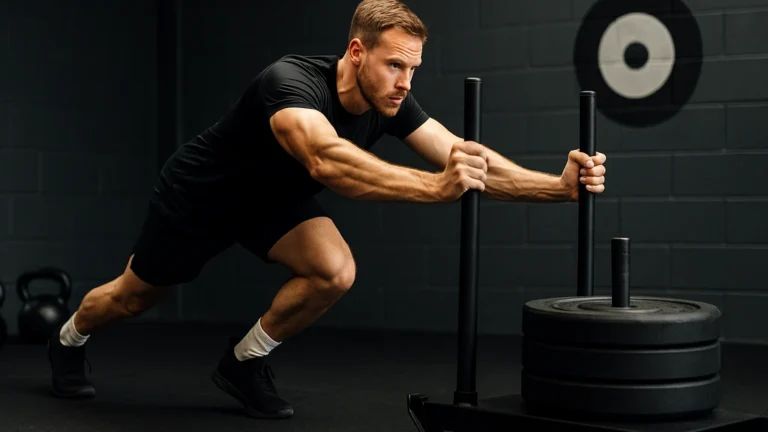 Athlète HYROX poussant un traîneau lesté dans une salle, kettlebells et cible murale en arrière-plan — station sled push