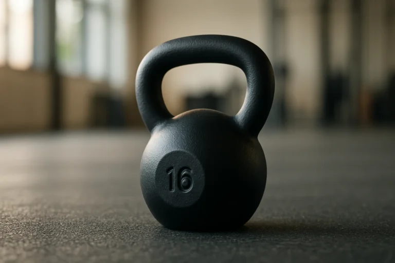 Kettlebell noir posé au centre sur sol de salle, texture granuleuse et arrière-plan flou lumineux.