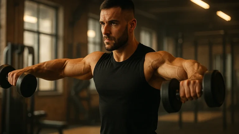 Musculation des épaules : élévations latérales aux haltères pour cibler deltoïde moyen, avant et arrière, avec exécution stricte et contrôle du mouvement.