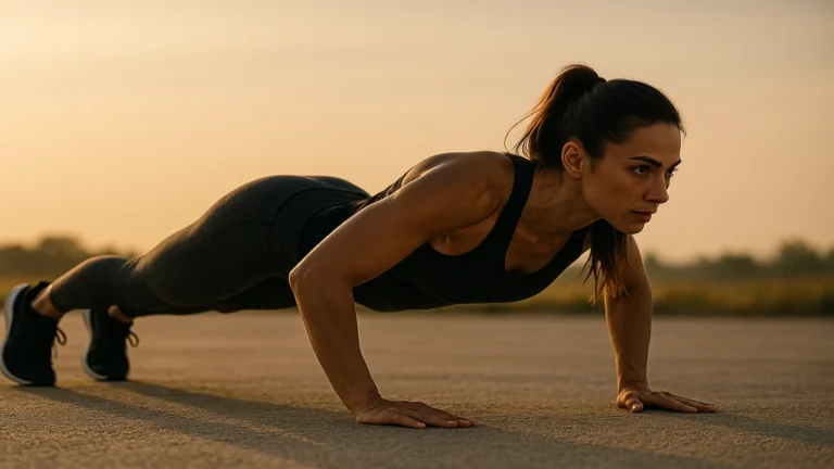 100 pompes : athlète en position de pompe au coucher du soleil, image réaliste 1024×576 illustrant la progression vers 100 répétitions
