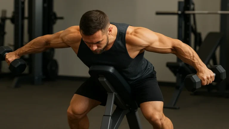 Athlète réalisant un oiseau musculation (reverse fly) sur banc incliné, ciblant le deltoïde postérieur avec haltères, posture stricte en salle de sport