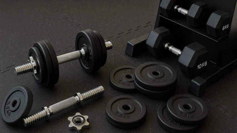 Poids et haltères — comparaison set réglable vs haltères fixes, rack de rangement et dalles caoutchouc pour protéger le sol et prolonger la durée de vie du matériel