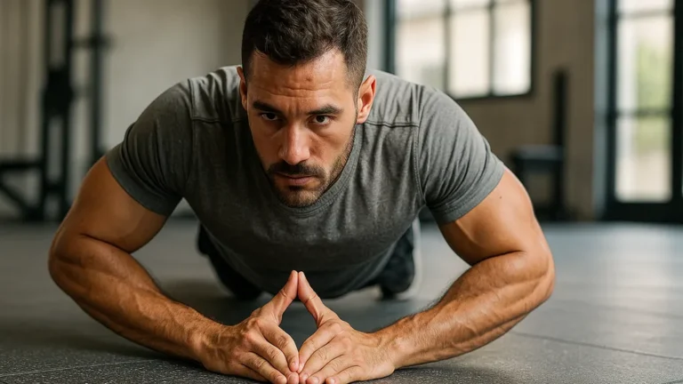 Athlète effectuant une pompe diamant, mains en triangle sous la poitrine, lumière naturelle.