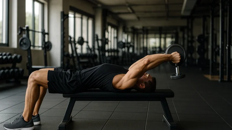 Athlète effectuant un pull over haltère sur banc, cadrage horizontal, salle lumineuse moderne.