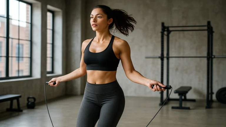 Sport pour maigrir : femme qui saute à la corde dans une salle lumineuse, image illustrant cardio HIIT pour brûler des calorie