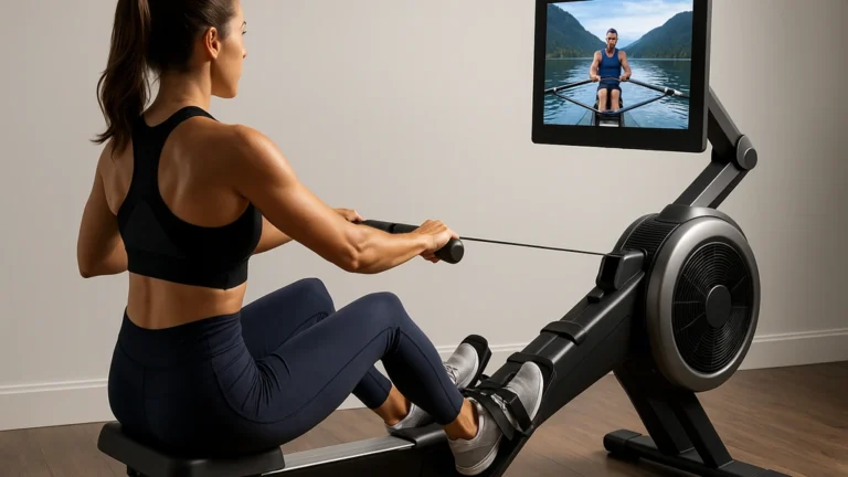 Rameur NordicTrack connecté avec grand écran affichant une séance iFit, résistance silencieuse idéale en appartement