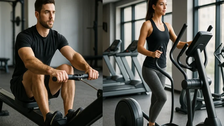 Comparatif visuel : athlète sur rameur à gauche et sportive sur vélo elliptique à droite dans une salle de sport, mise au point sur le geste et la posture.