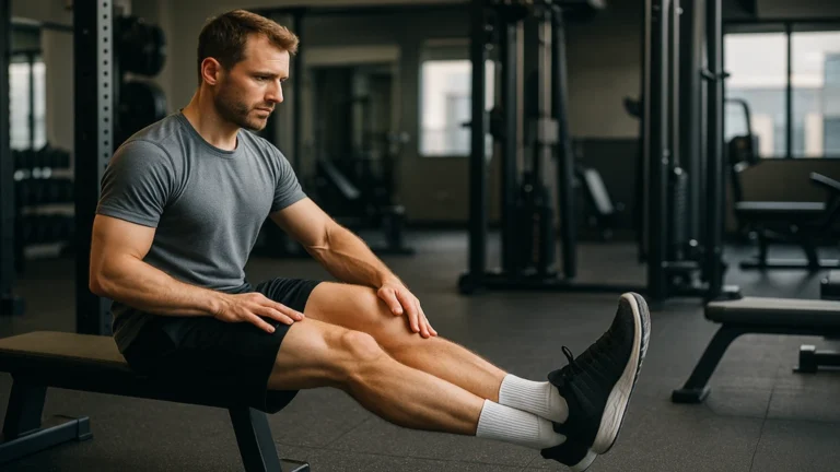 Renforcement musculaire du genou : athlète montrant un exercice de quadriceps/VMO en salle, pour stabiliser l’articulation