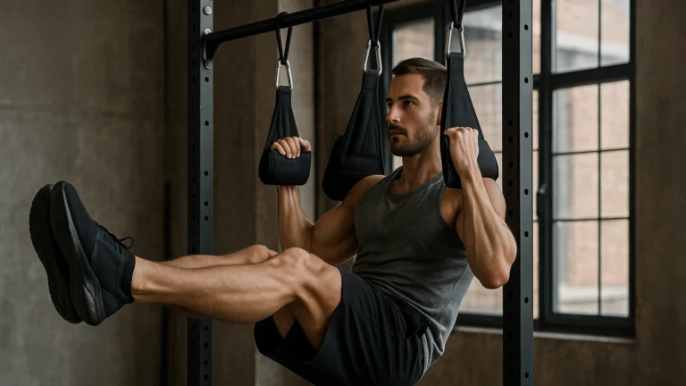 Sangle abdos — hanging leg raise en ab straps, coudes soutenus, dépression scapulaire active, gainage du tronc pour cibler grand droit et obliques.
