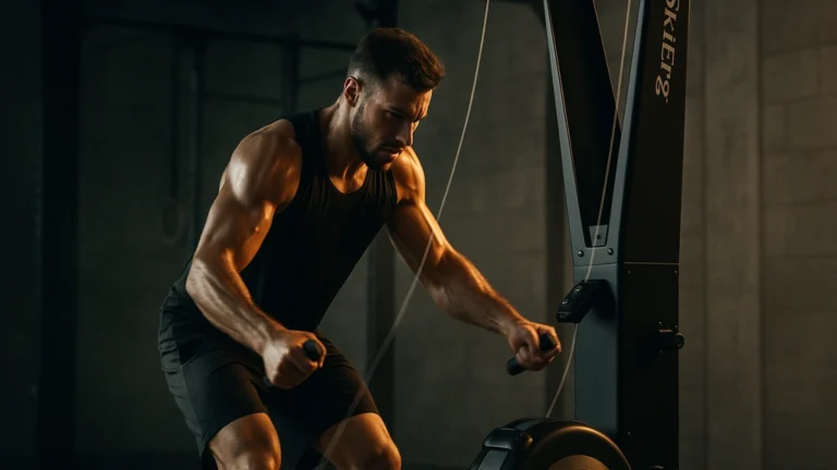 SkiErg Concept2 en action : athlète en tirage debout, travail épaules, dos et gainage pour un cardio HIIT sans impact.