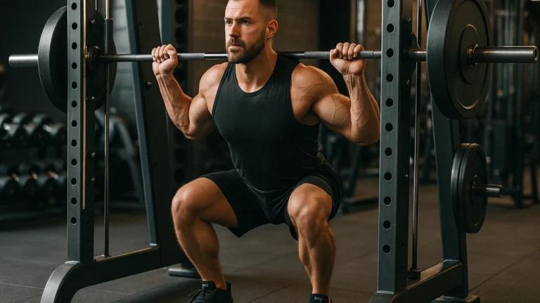 Smith machine squat — position basse contrôlée, tibias stables, barre sur trapèzes, orientation pour cibler quadriceps et fessiers en sécurité.