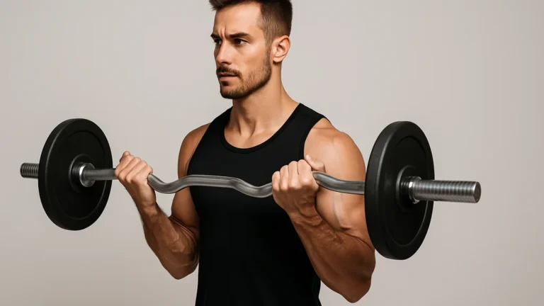 Athlète réalisant un biceps curl à la barre EZ, coudes fixes le long du corps, prise en supination dans une salle de musculation.