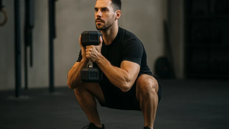 squat avec haltères en goblet — athlète en position basse, genoux alignés, dos droit, technique parfaite dans une salle de musculation