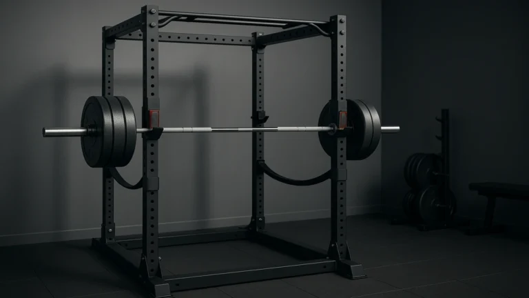 Power cage robuste en home gym avec barres de sécurité et barre de traction, vue réaliste 1024×576 pour illustrer un rack de squat sécurisé